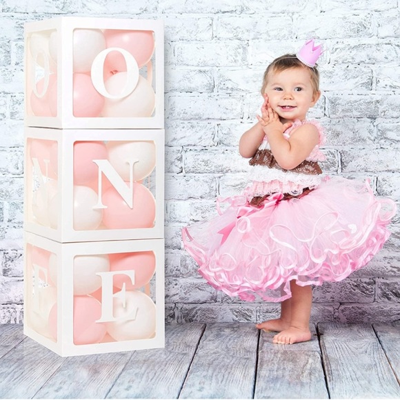 SALE: 3 for $12 Clear Cube ‘ONE’ Boxes with Pink and White Balloons NWOT - Picture 1 of 10